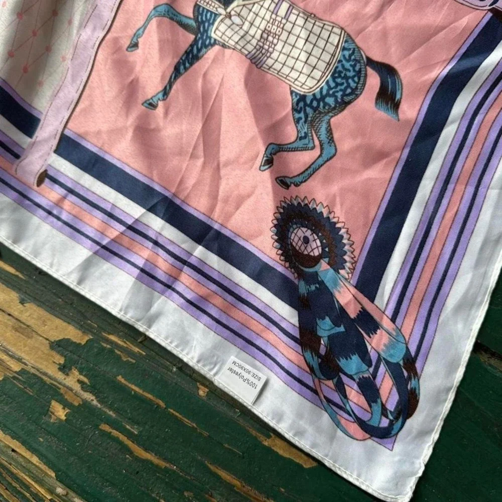 Horse print scarf with pink and purple tones equestirian vtg‎